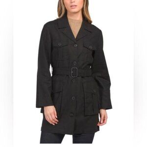 Zara Black Belted Linen Blend Safari Style Long Sleeve Jacket Coat With Pockets